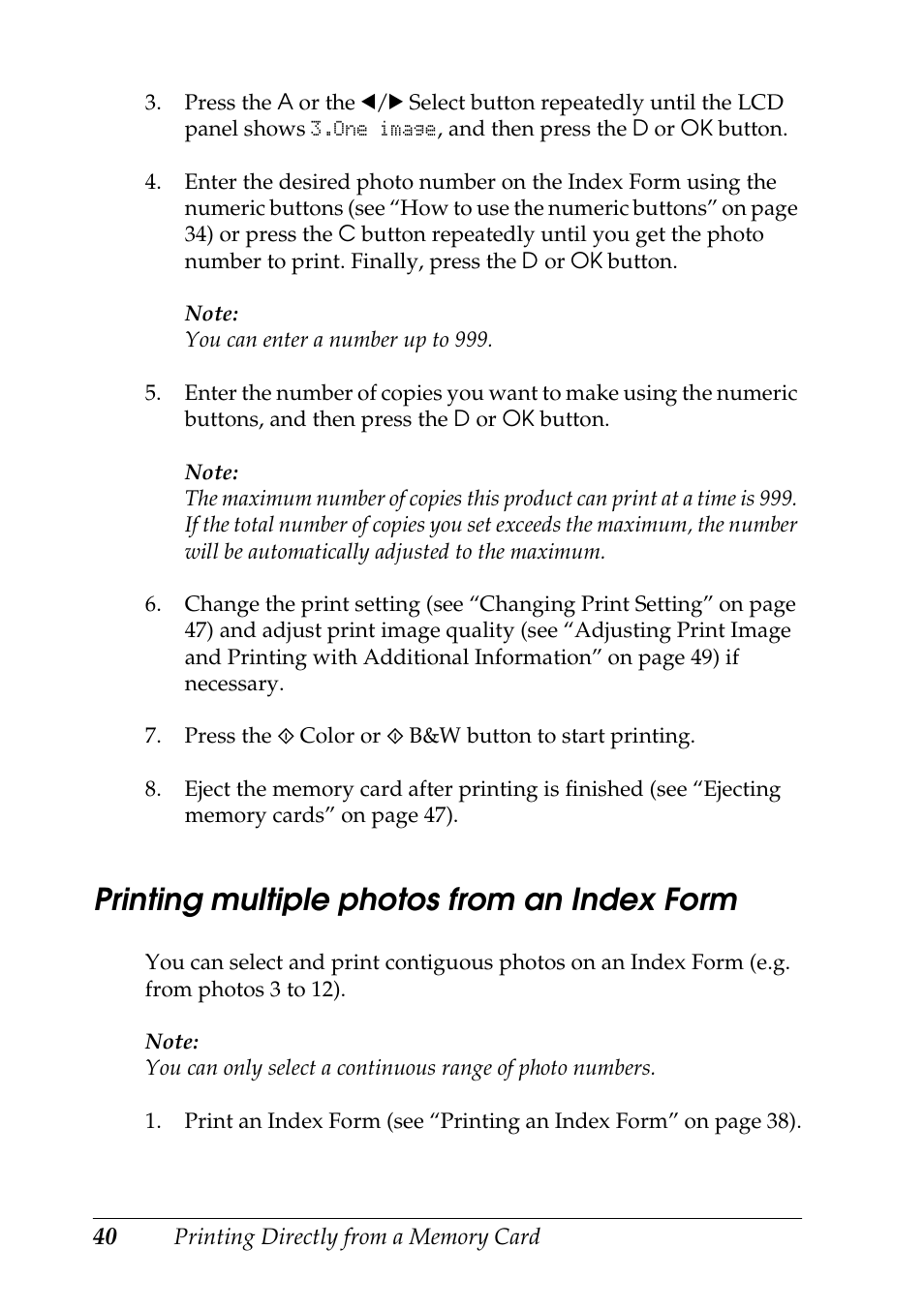 Printing multiple photos from an index form | Epson STYLUS RX500 User Manual | Page 40 / 99