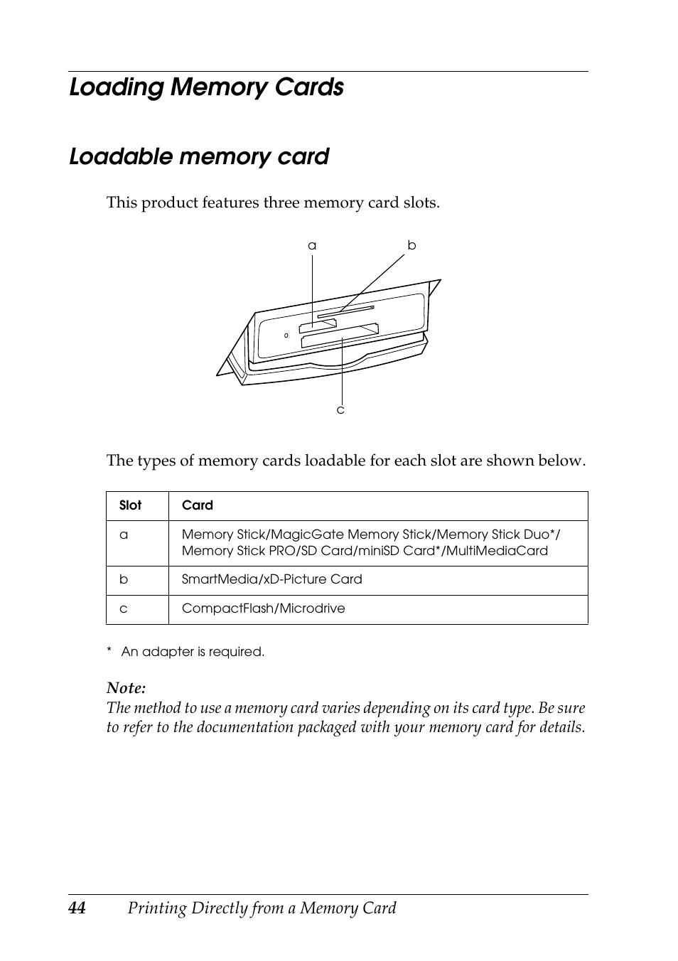 Loading memory cards, Loadable memory card | Epson STYLUS RX500 User Manual | Page 44 / 99