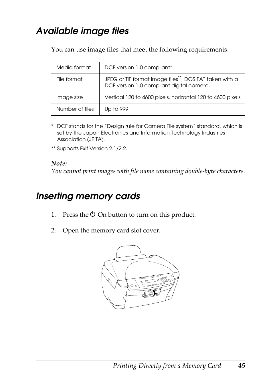 Available image files inserting memory cards, Available image files | Epson STYLUS RX500 User Manual | Page 45 / 99