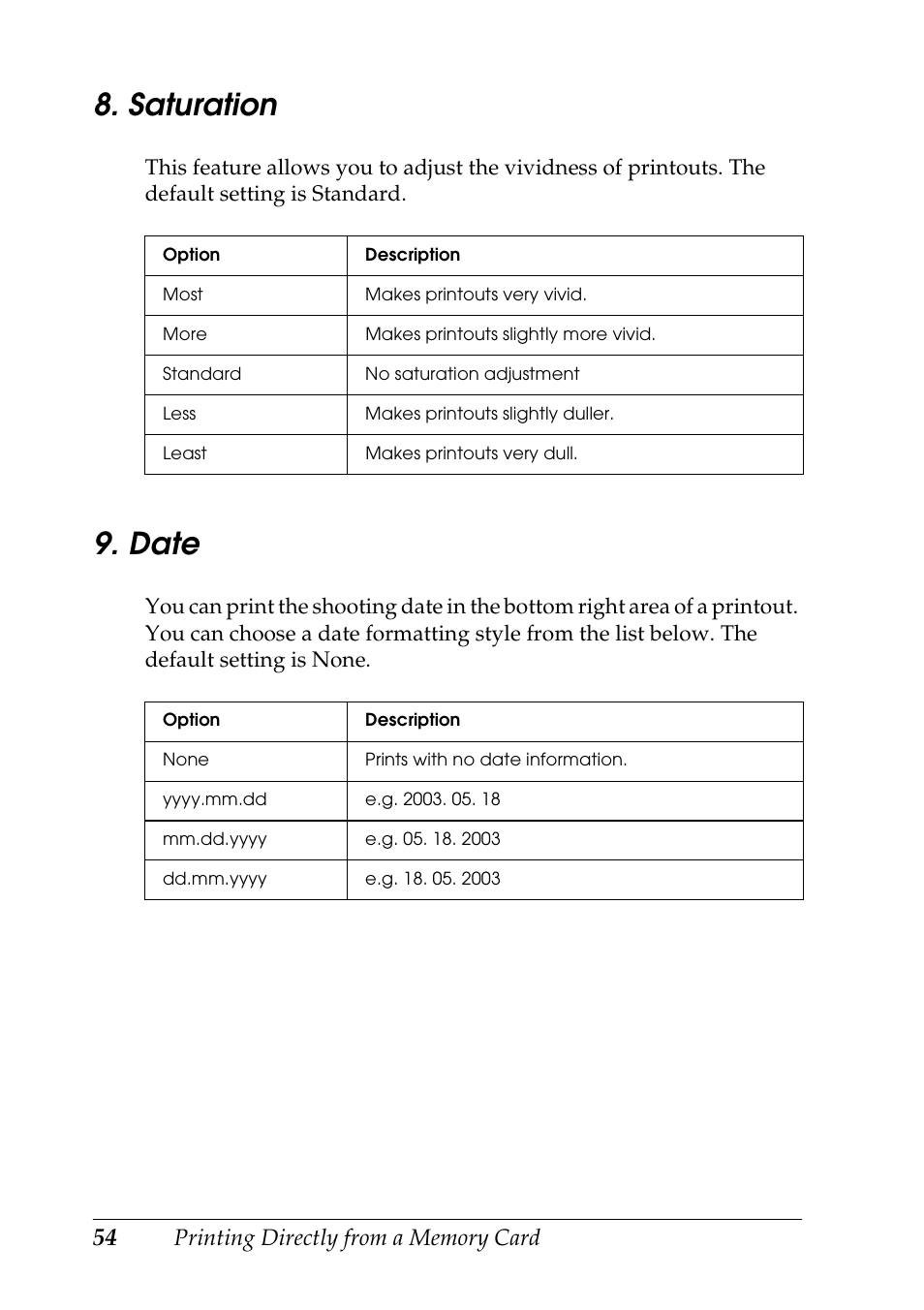 Saturation 9. date, Saturation, Date | Epson STYLUS RX500 User Manual | Page 54 / 99