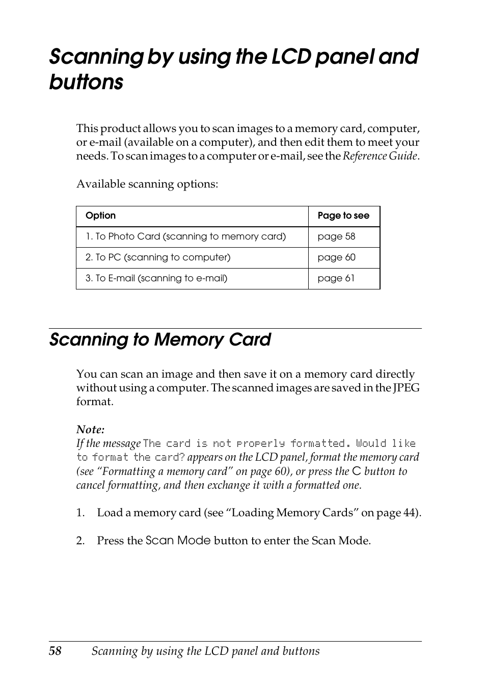 Scanning by using the lcd panel and buttons, Scanning to memory card | Epson STYLUS RX500 User Manual | Page 58 / 99