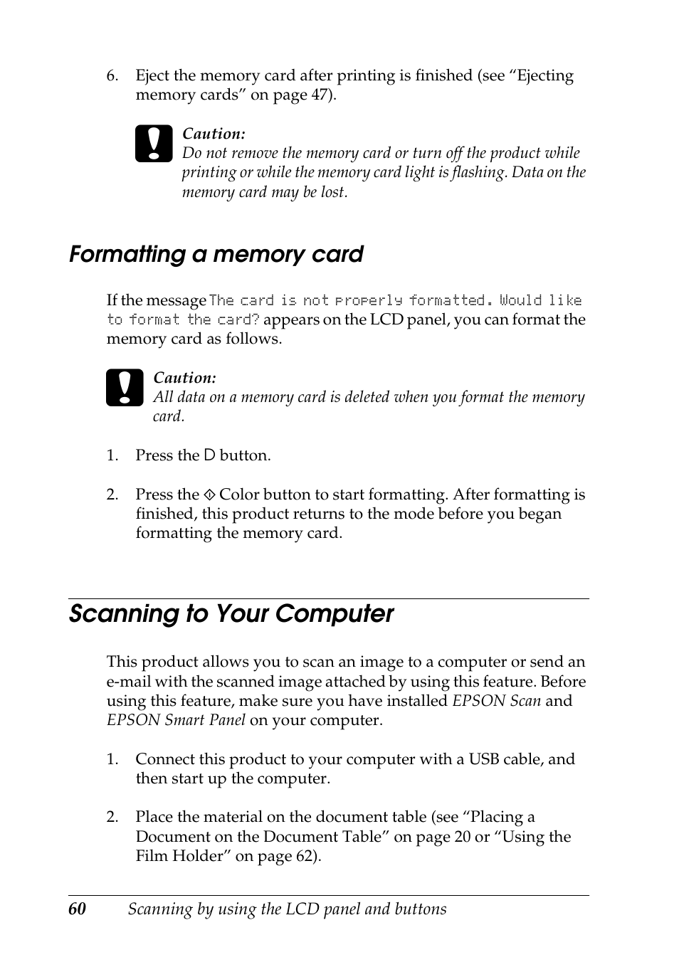 Formatting a memory card, Scanning to your computer | Epson STYLUS RX500 User Manual | Page 60 / 99