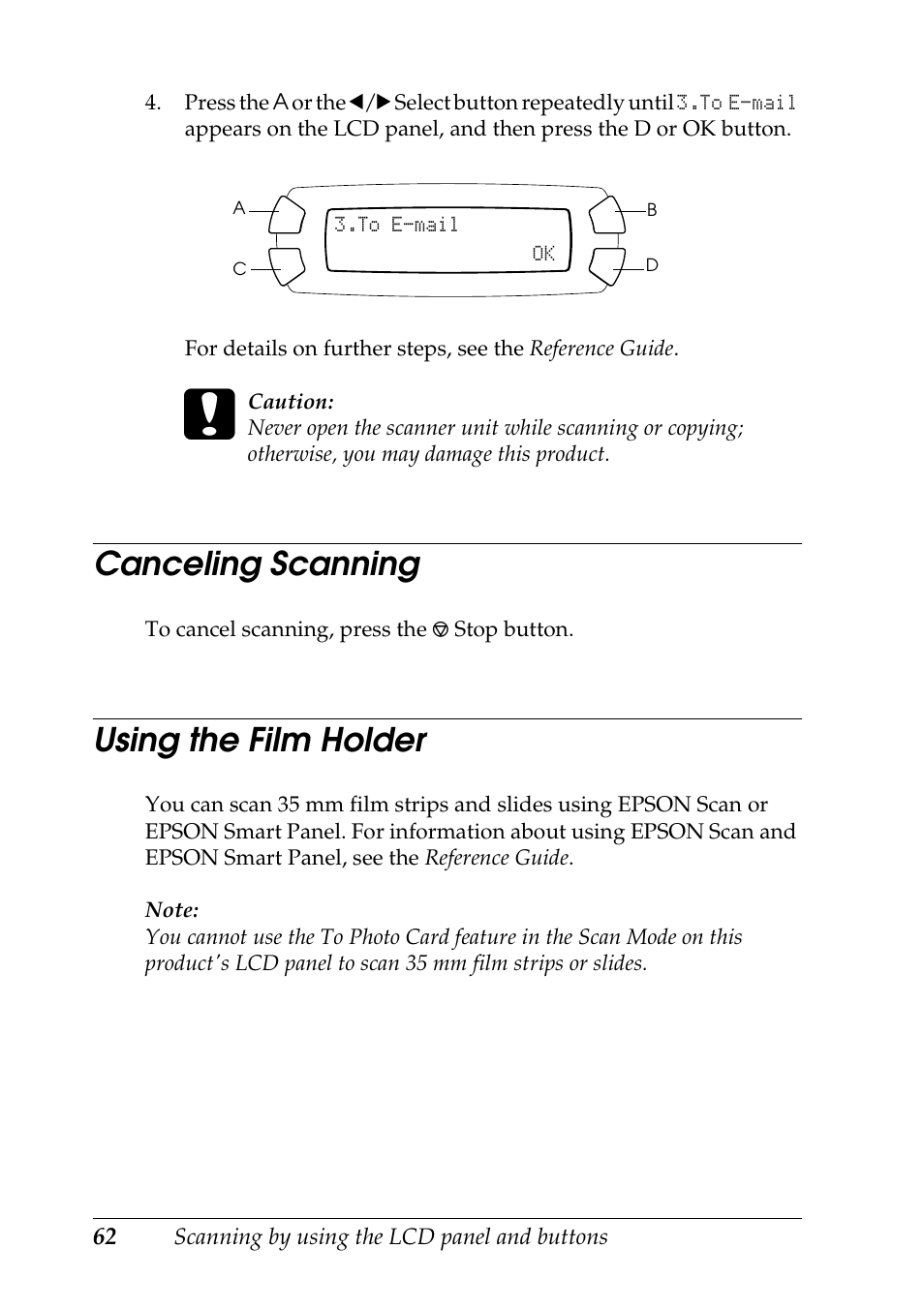 Canceling scanning using the film holder, Canceling scanning, Using the film holder | Epson STYLUS RX500 User Manual | Page 62 / 99