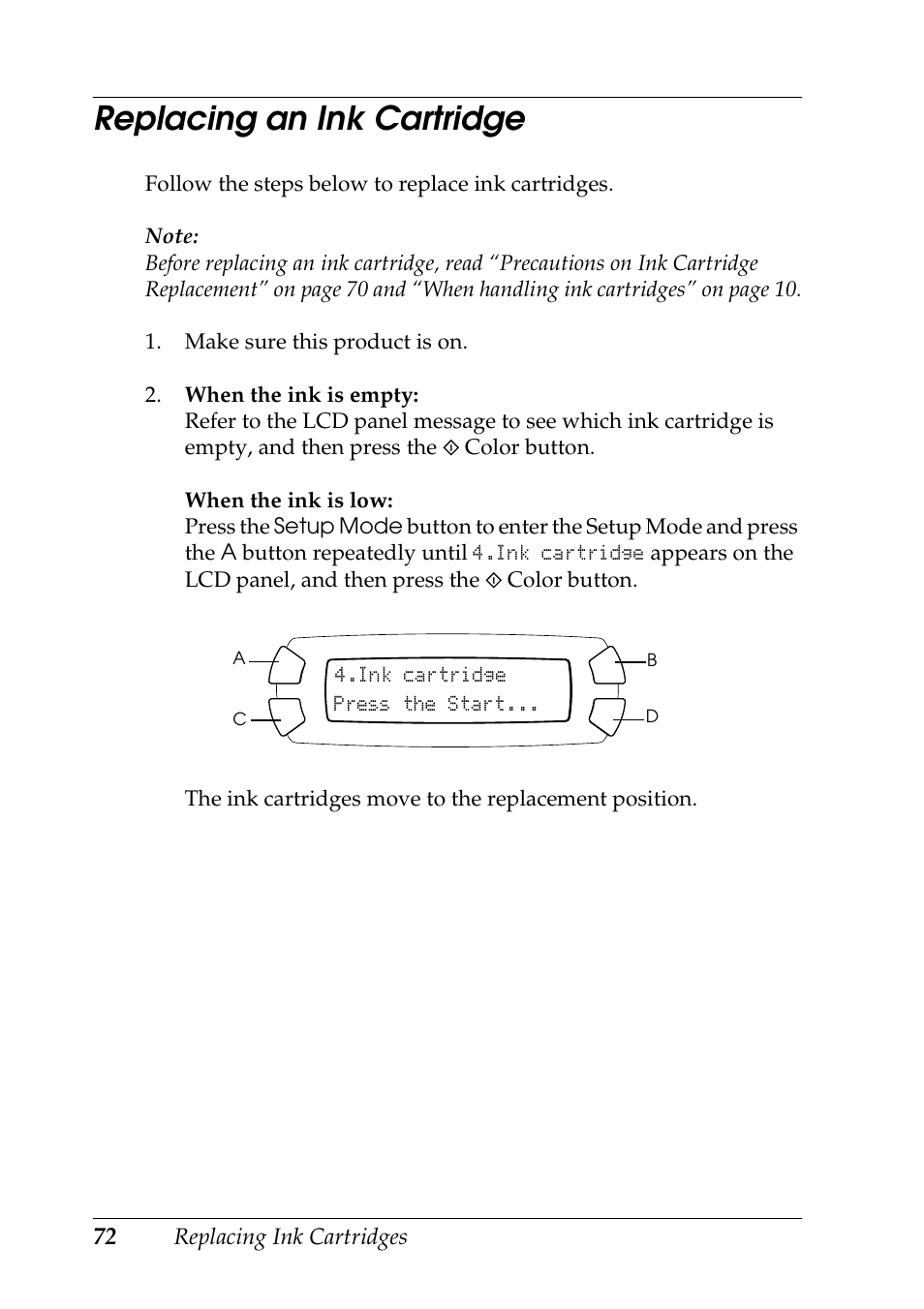 Replacing an ink cartridge | Epson STYLUS RX500 User Manual | Page 72 / 99