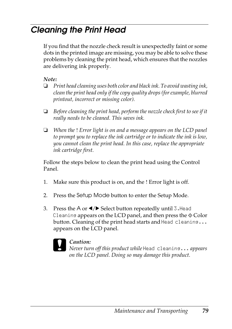 Cleaning the print head | Epson STYLUS RX500 User Manual | Page 79 / 99