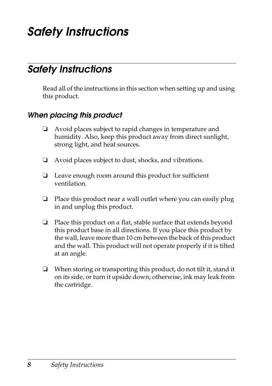 Safety instructions | Epson STYLUS RX500 User Manual | Page 8 / 99