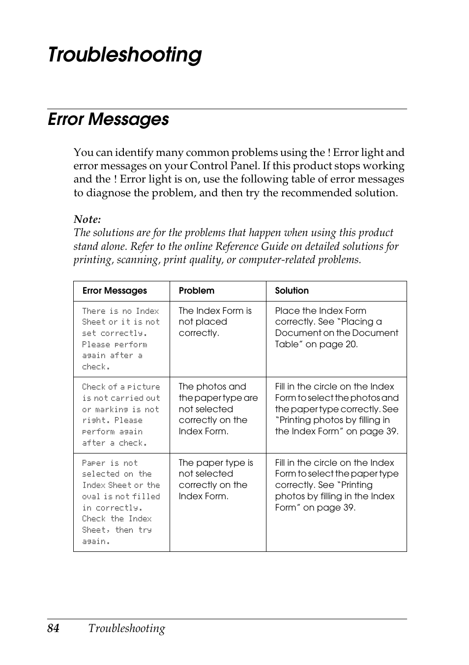 Troubleshooting, Error messages | Epson STYLUS RX500 User Manual | Page 84 / 99