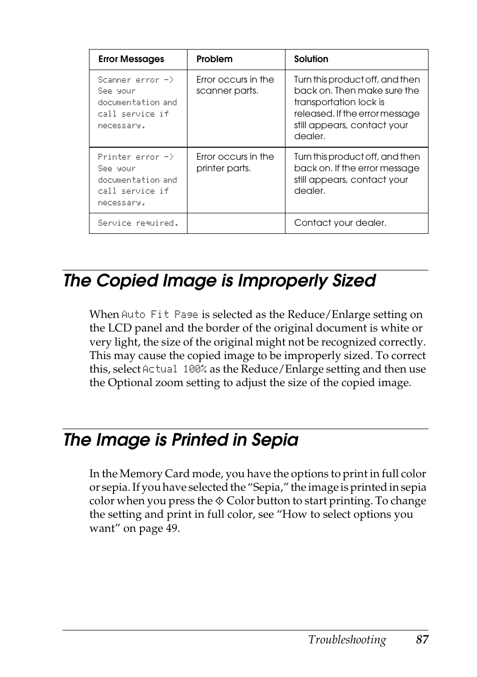 The copied image is improperly sized, The image is printed in sepia, Troubleshooting | Epson STYLUS RX500 User Manual | Page 87 / 99