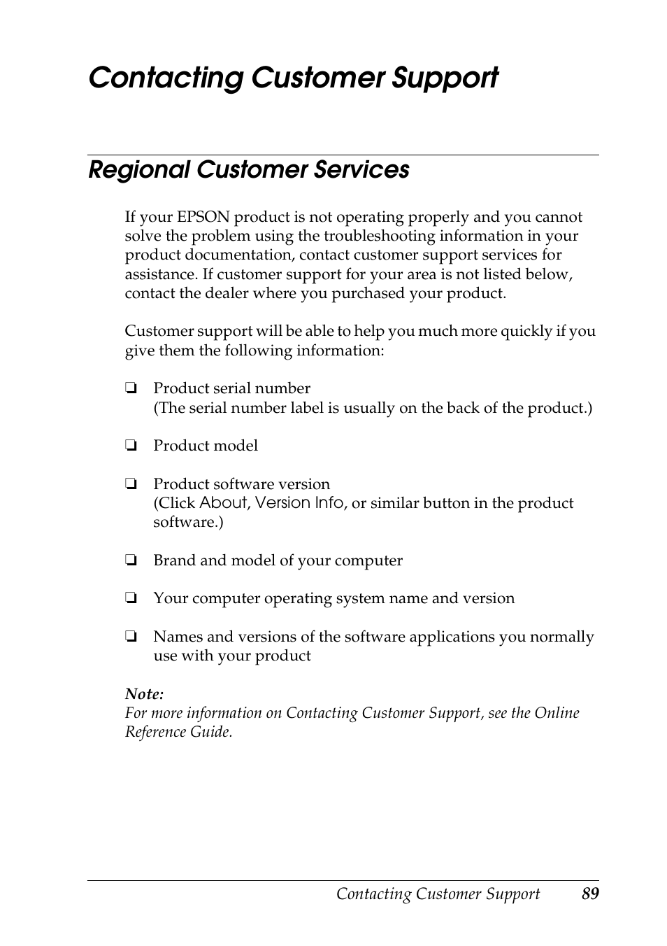 Contacting customer support, Regional customer services | Epson STYLUS RX500 User Manual | Page 89 / 99