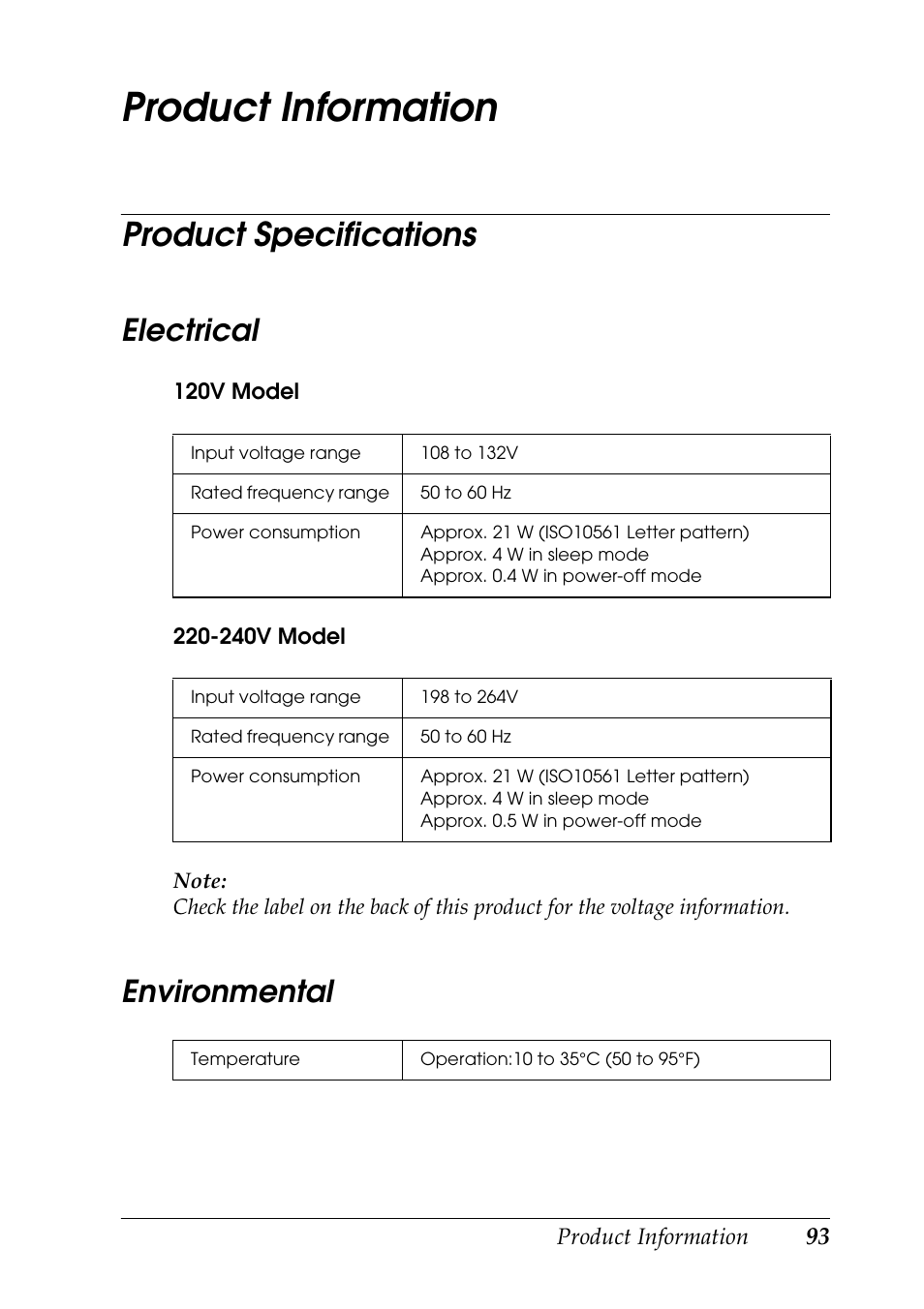 Product information, Product specifications, Electrical environmental | Electrical, Environmental | Epson STYLUS RX500 User Manual | Page 93 / 99