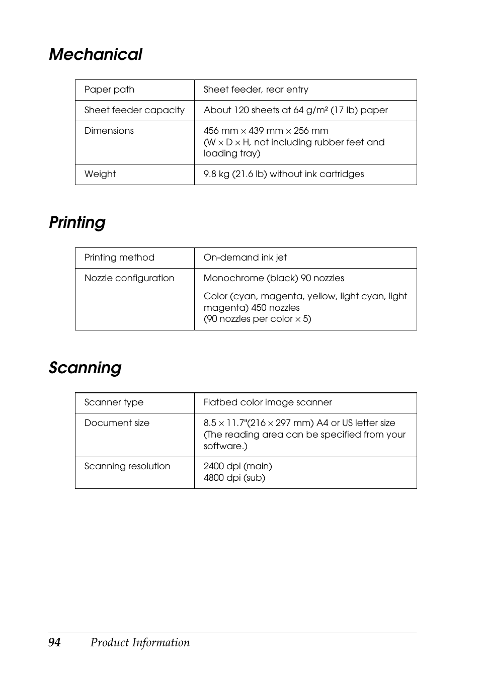 Mechanical printing scanning, Product information | Epson STYLUS RX500 User Manual | Page 94 / 99