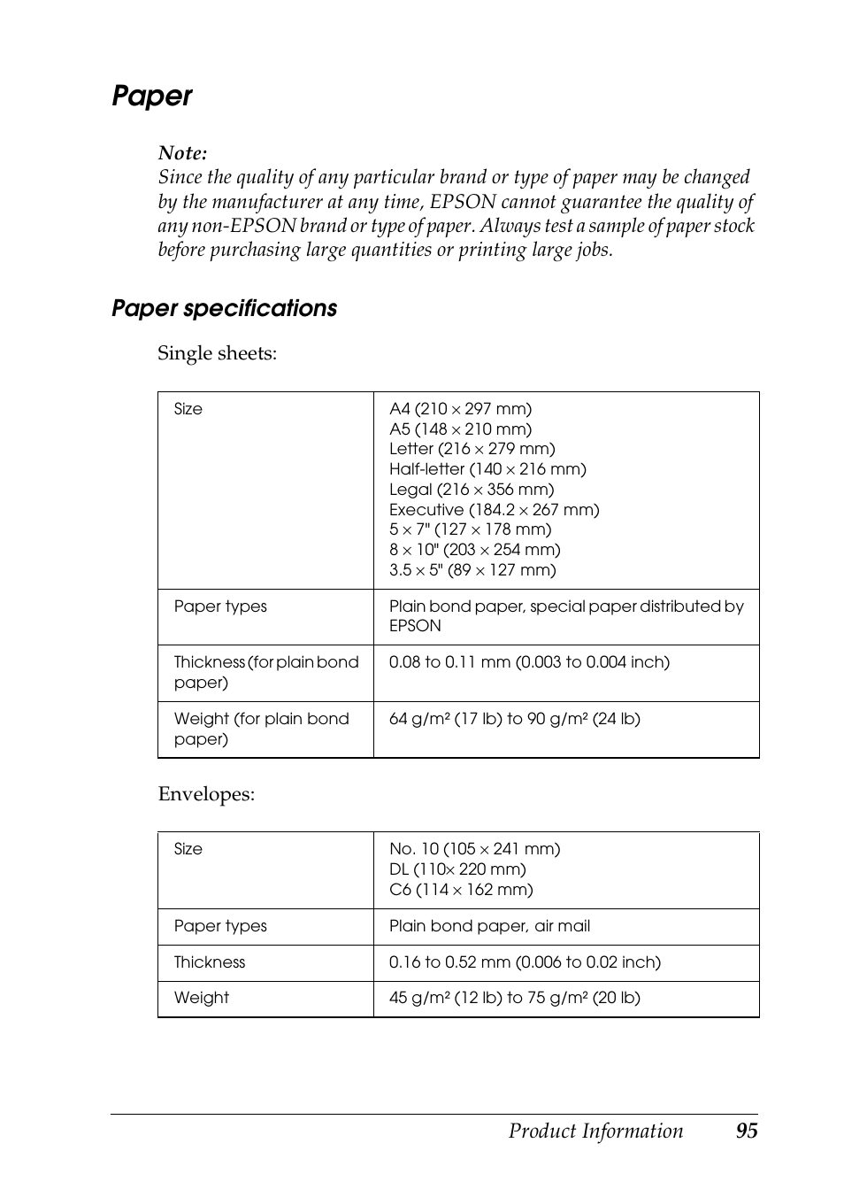 Paper, Paper specifications, Product information | Single sheets: envelopes | Epson STYLUS RX500 User Manual | Page 95 / 99