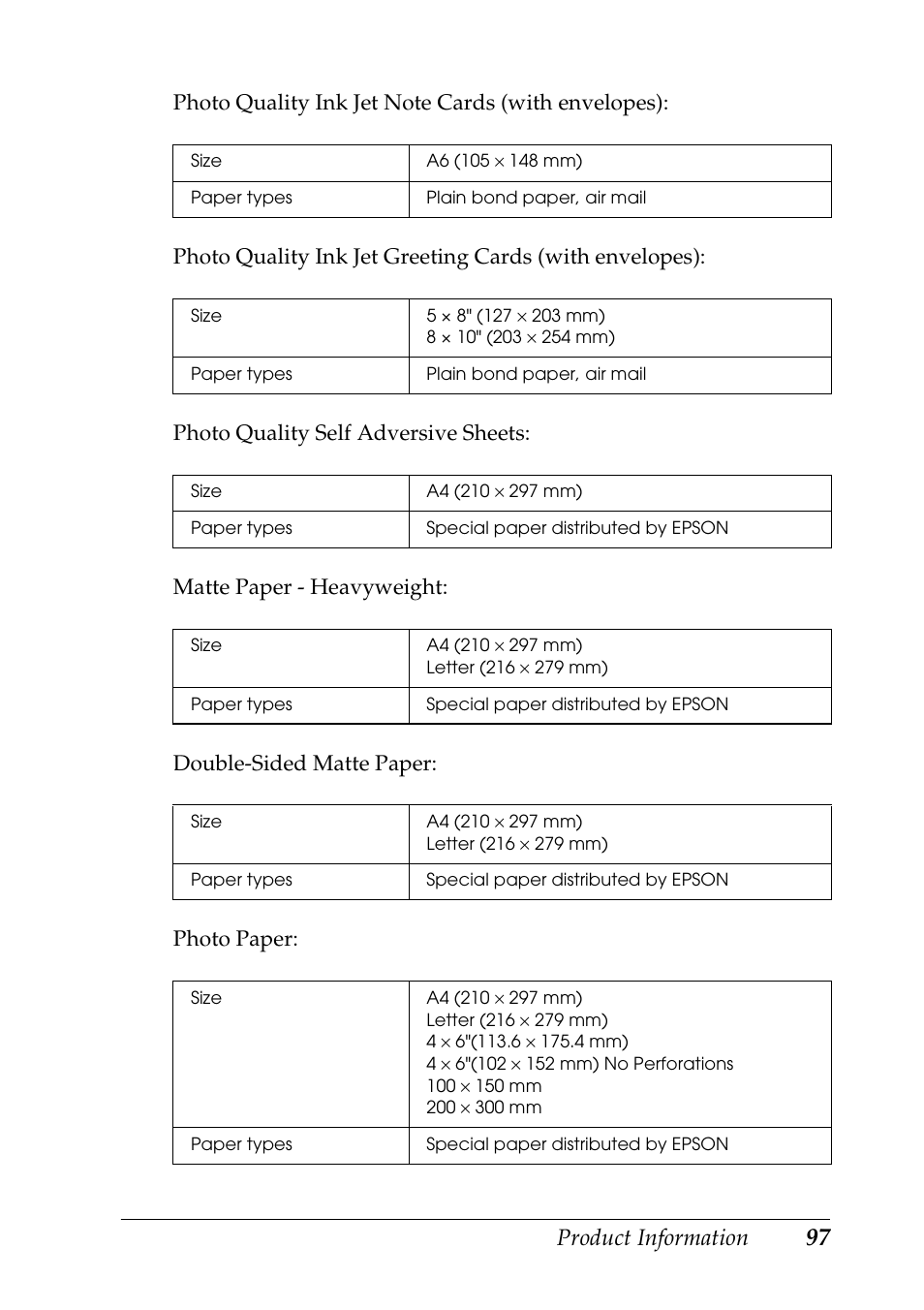 Product information | Epson STYLUS RX500 User Manual | Page 97 / 99