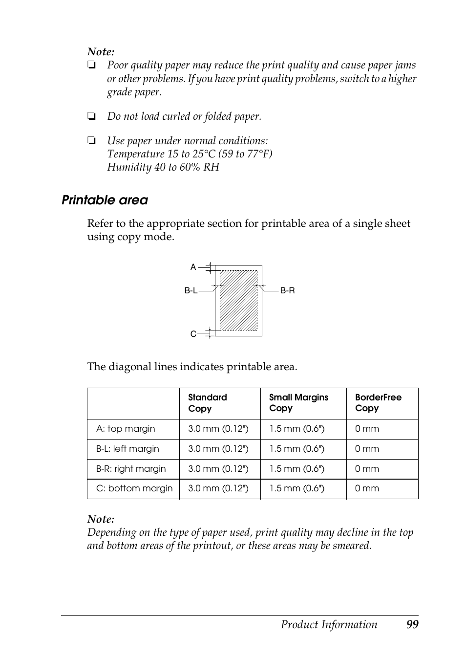 Printable area, Product information | Epson STYLUS RX500 User Manual | Page 99 / 99