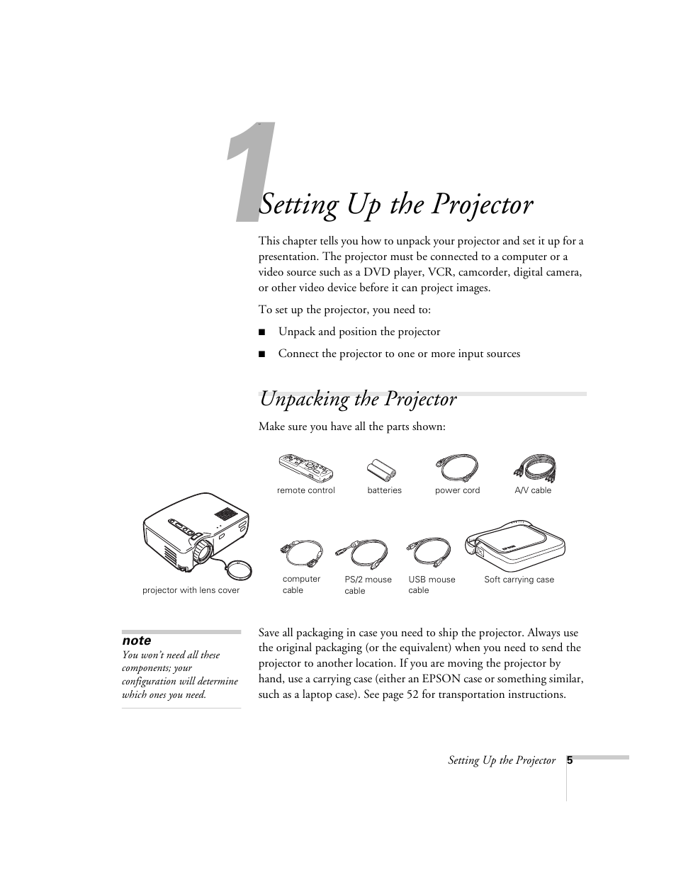 Chap 1-setting up the projector, Unpacking the projector, Setting up | The projector, Setting up the projector | Epson 51c User Manual | Page 10 / 86