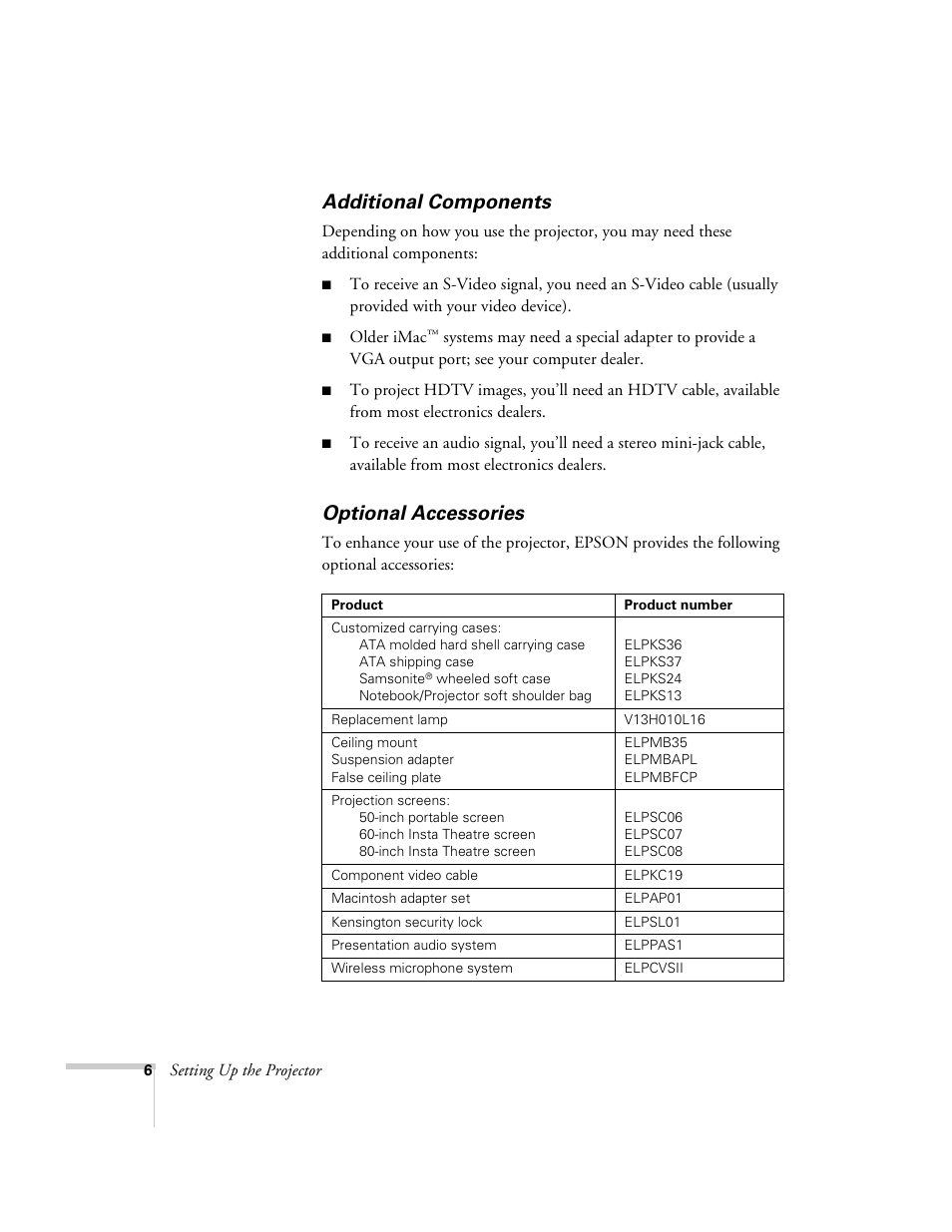 Additional components, Optional accessories, Additional components optional accessories | Epson 51c User Manual | Page 11 / 86