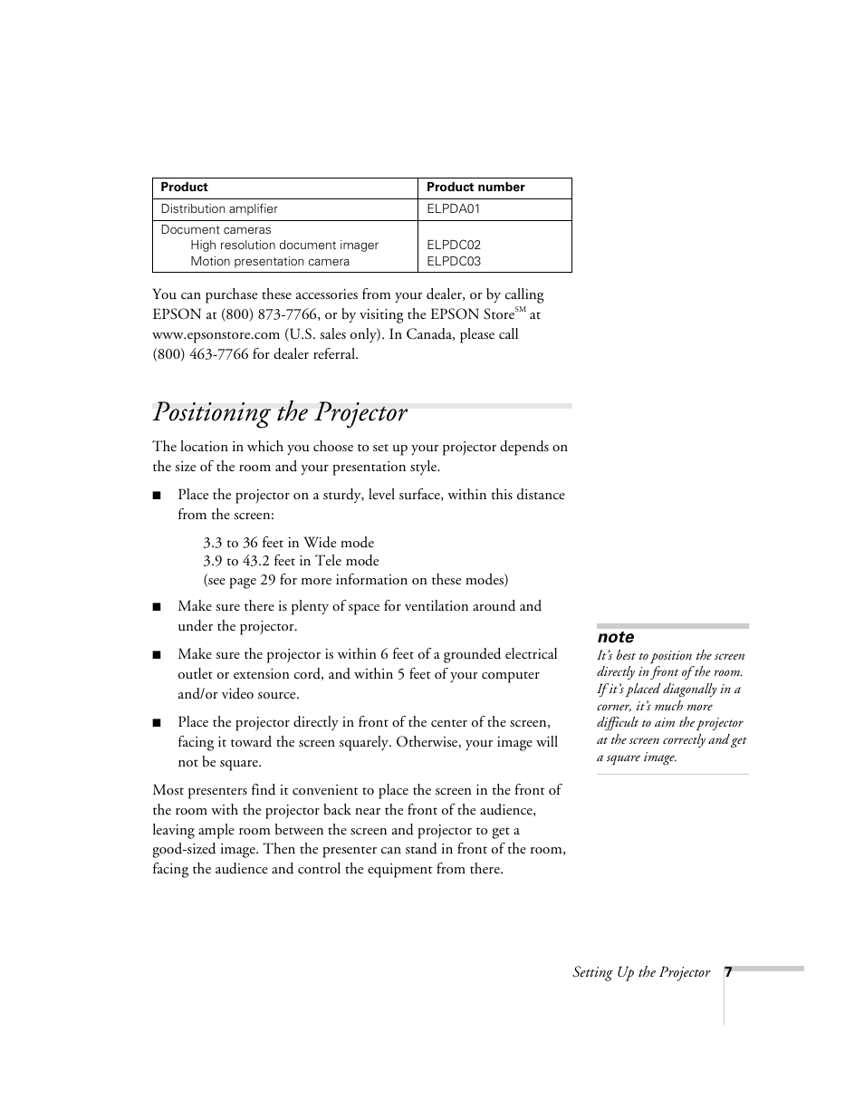Positioning the projector | Epson 51c User Manual | Page 12 / 86
