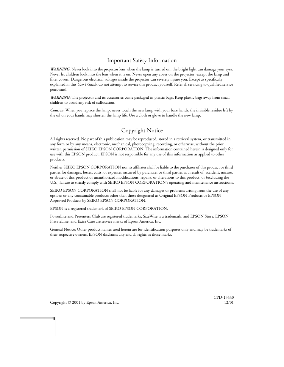Important safety information, Copyright notice | Epson 51c User Manual | Page 2 / 86