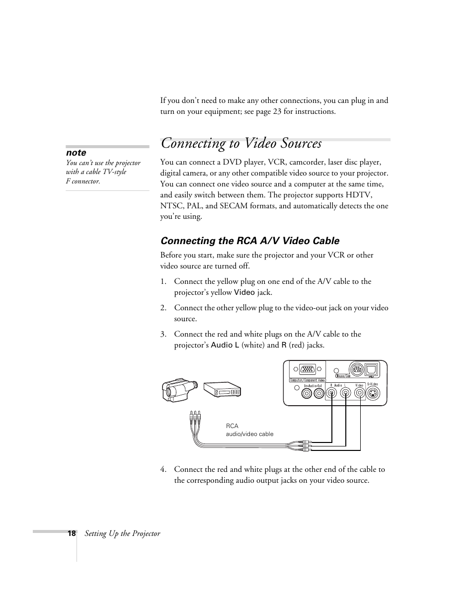 Connecting to video sources, Connecting the rca a/v video cable | Epson 51c User Manual | Page 23 / 86