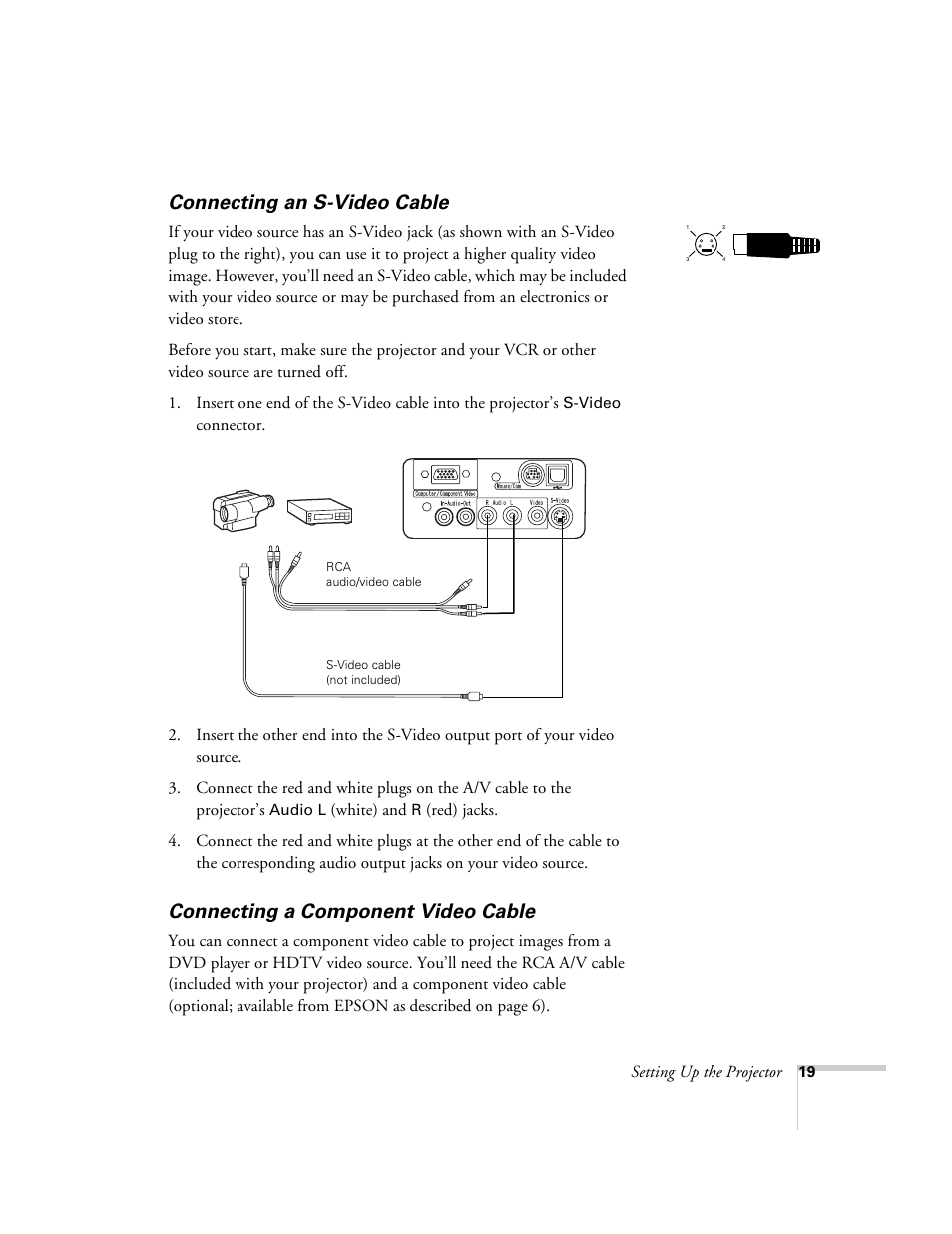 Connecting an s-video cable, Connecting a component video cable | Epson 51c User Manual | Page 24 / 86