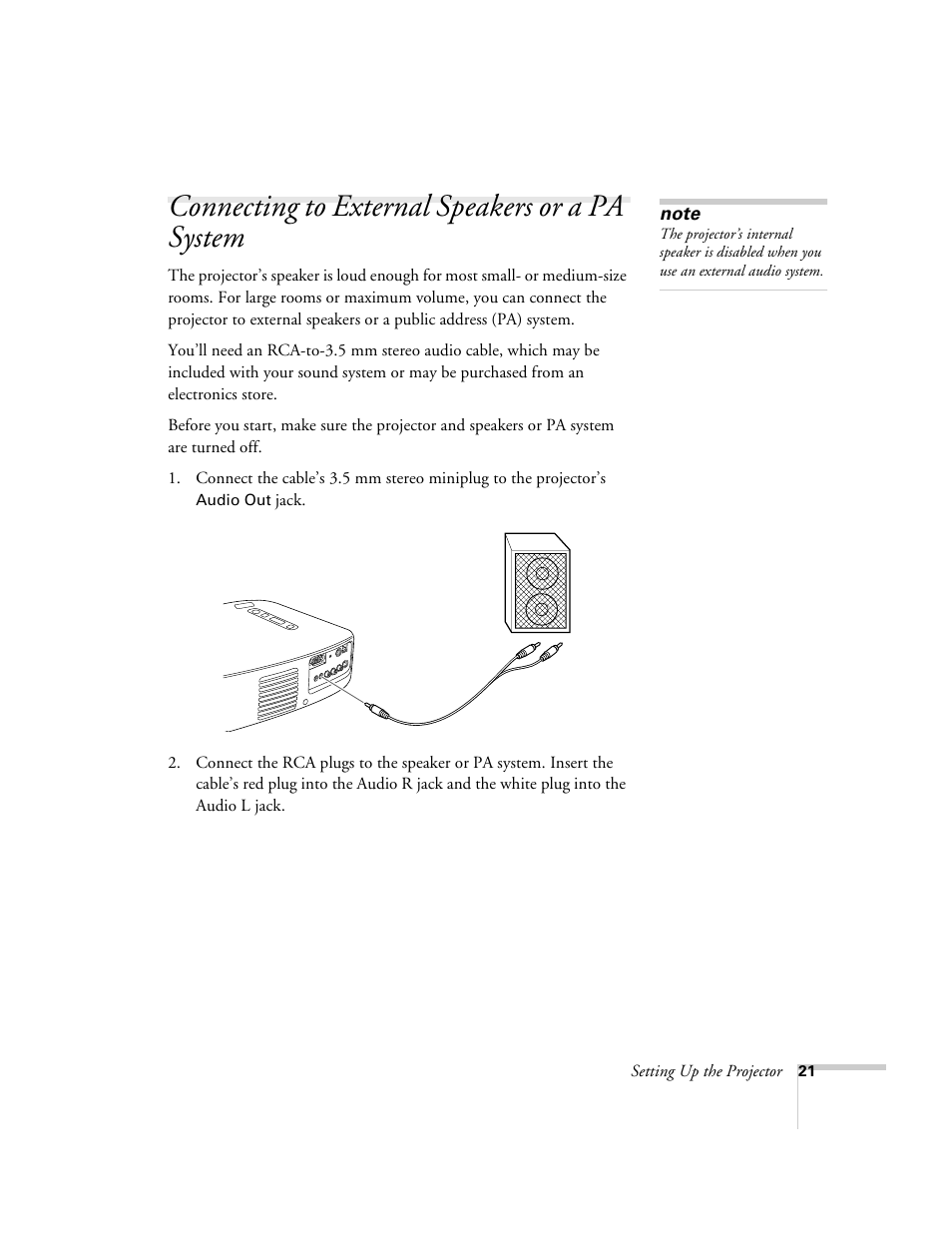 Connecting to external speakers or a pa system | Epson 51c User Manual | Page 26 / 86