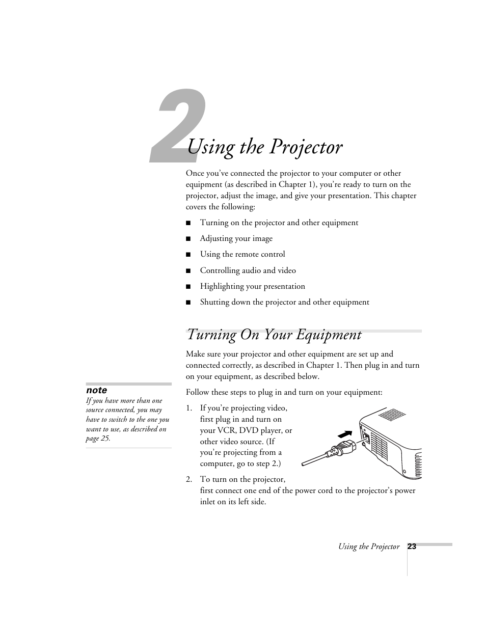 Chap 2-using the projector, Turning on your equipment, Using the | Projector, Using the projector | Epson 51c User Manual | Page 28 / 86