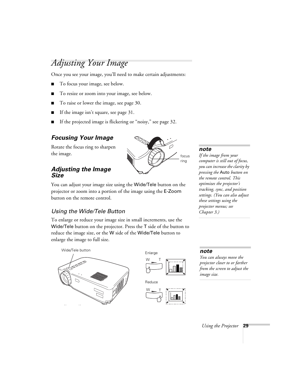 Adjusting your image, Focusing your image, Adjusting the image size | Focusing your image adjusting the image size | Epson 51c User Manual | Page 34 / 86