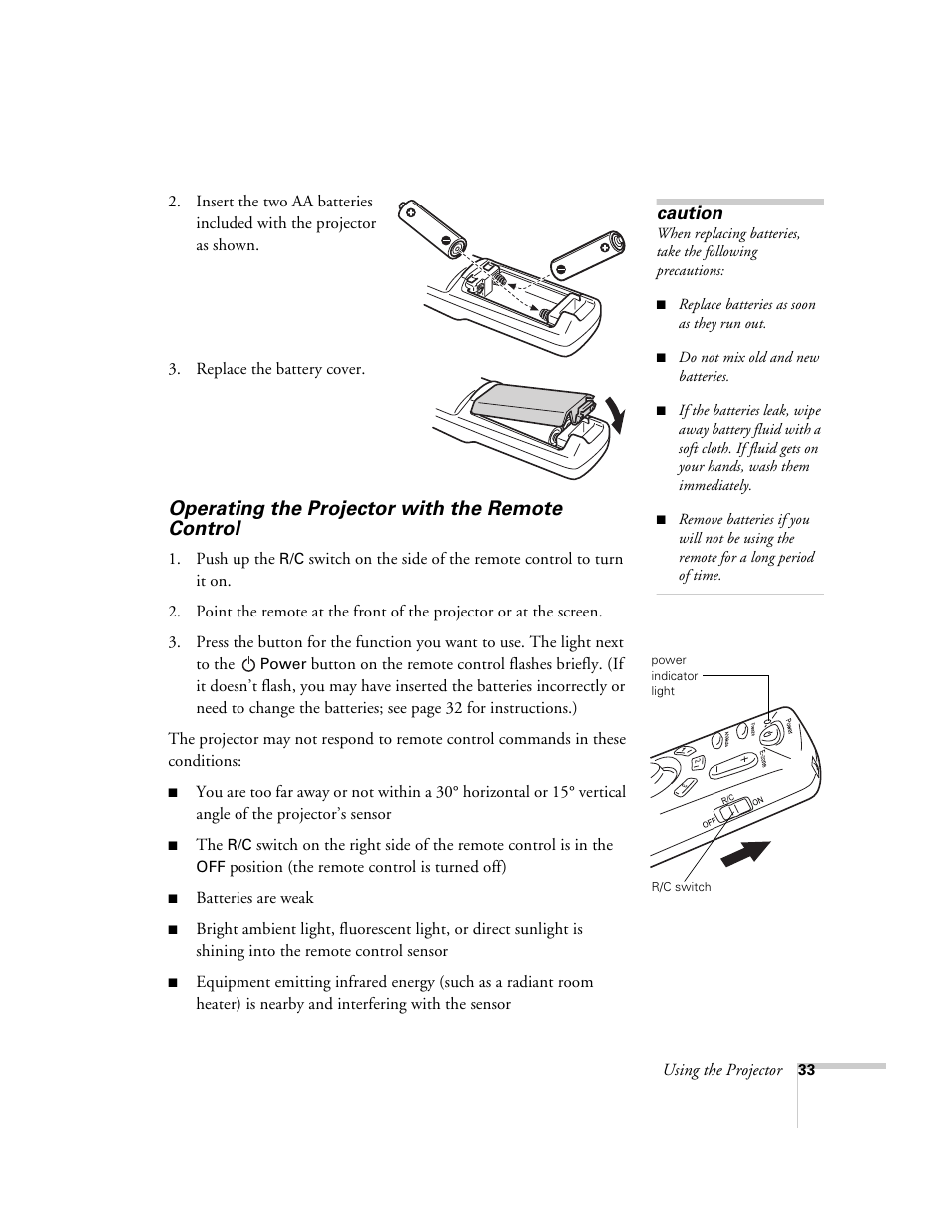 Operating the projector with the remote control | Epson 51c User Manual | Page 38 / 86