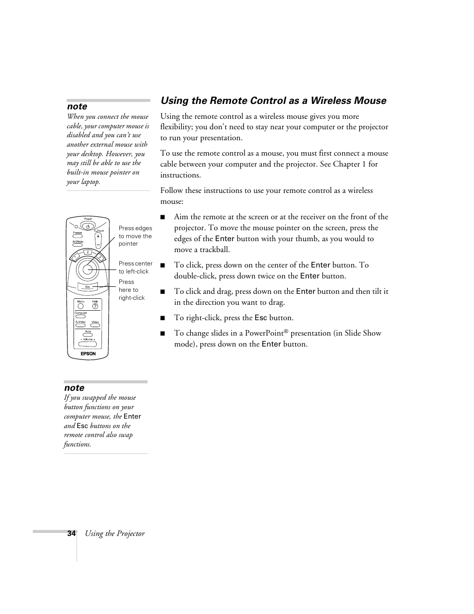 Using the remote control as a wireless mouse | Epson 51c User Manual | Page 39 / 86