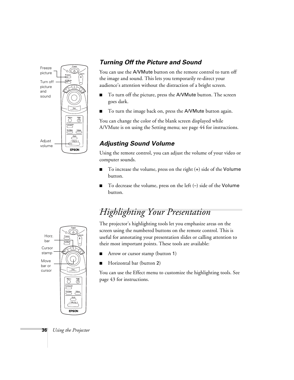 Turning off the picture and sound, Adjusting sound volume, Highlighting your presentation | Epson 51c User Manual | Page 41 / 86
