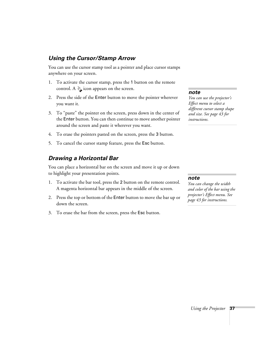 Using the cursor/stamp arrow, Drawing a horizontal bar | Epson 51c User Manual | Page 42 / 86