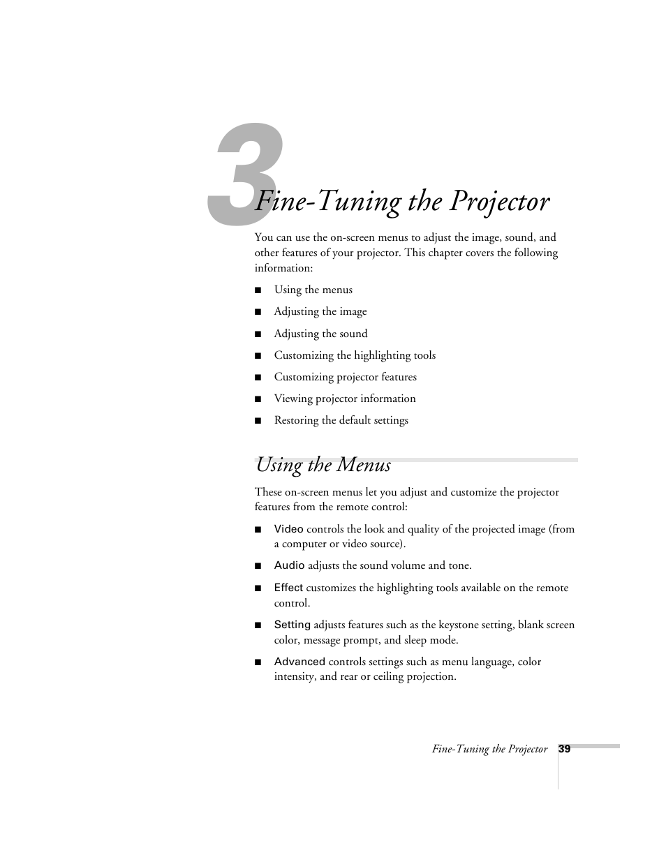 Chap 3-fine-tuning the projector, Using the menus, Fine-tuning | The projector, Fine-tuning the projector | Epson 51c User Manual | Page 44 / 86