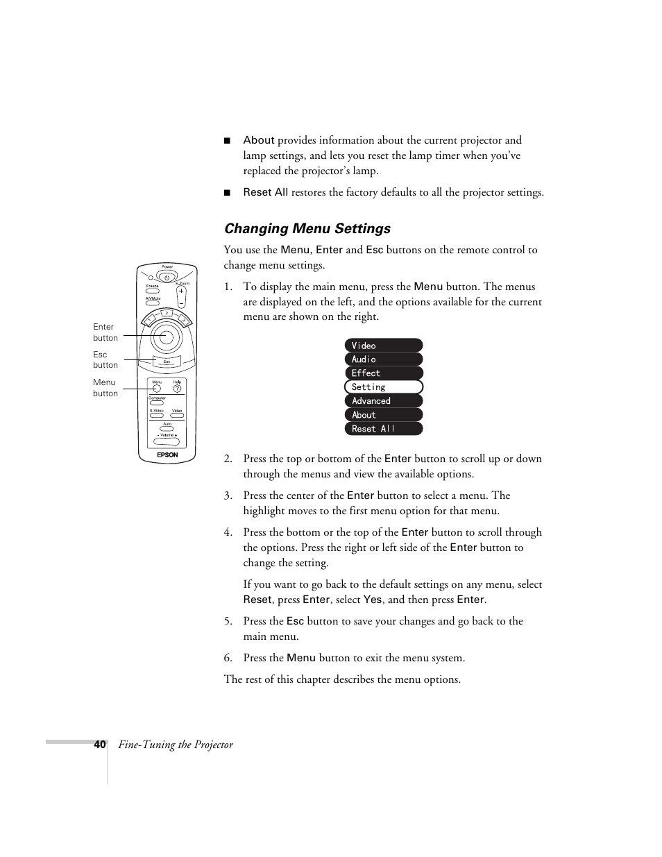 Changing menu settings | Epson 51c User Manual | Page 45 / 86