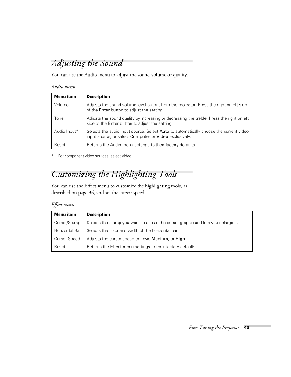 Adjusting the sound, Customizing the highlighting tools | Epson 51c User Manual | Page 48 / 86