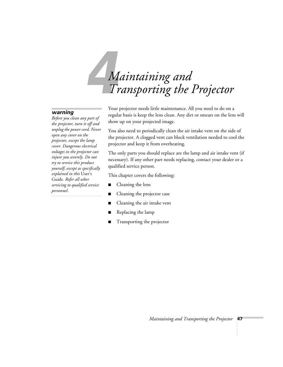 Chap 4-maintaining the projector, Maintaining, And transporting the projector | Maintaining and transporting the projector | Epson 51c User Manual | Page 52 / 86