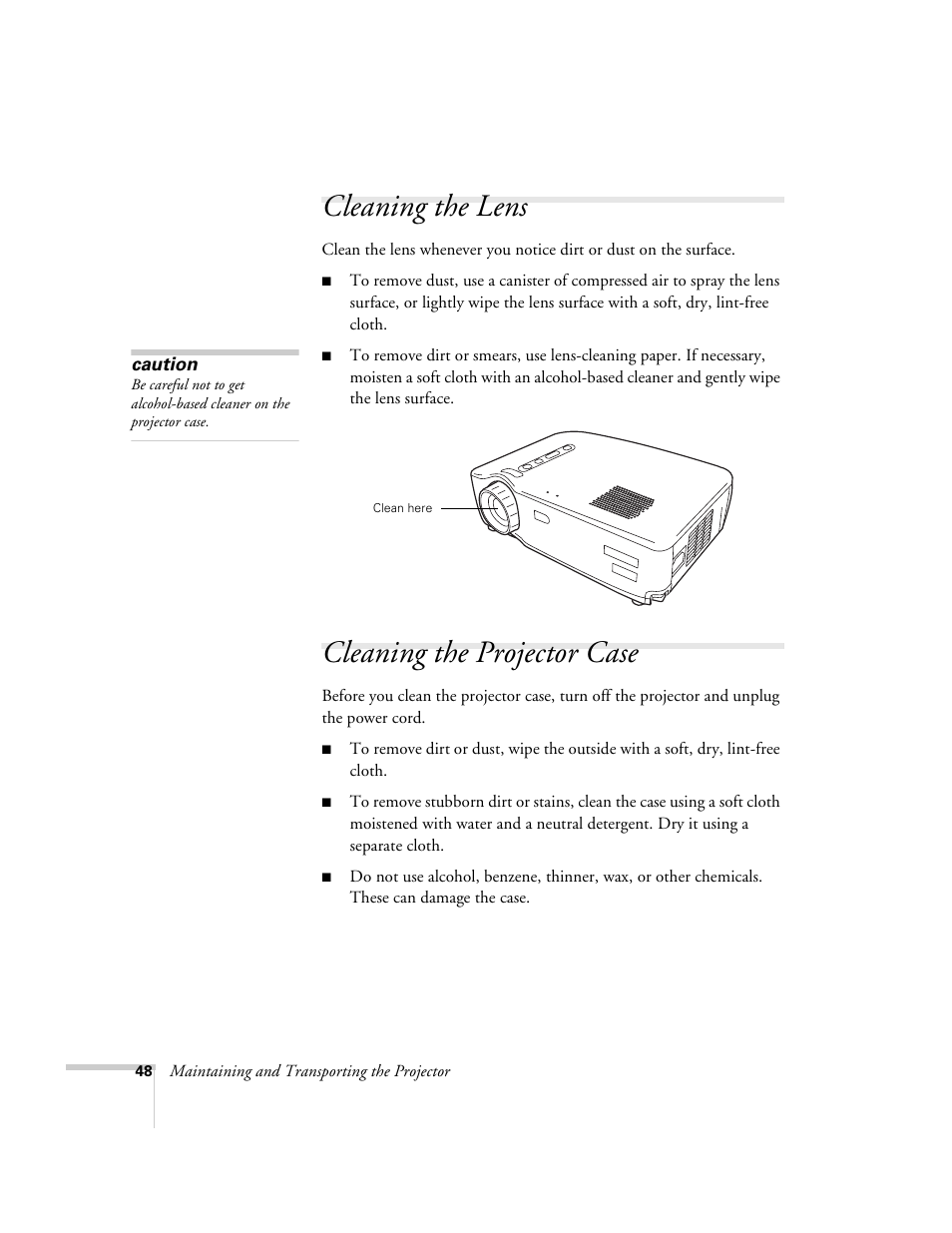 Cleaning the lens, Cleaning the projector case, Cleaning the lens cleaning the projector case | Epson 51c User Manual | Page 53 / 86