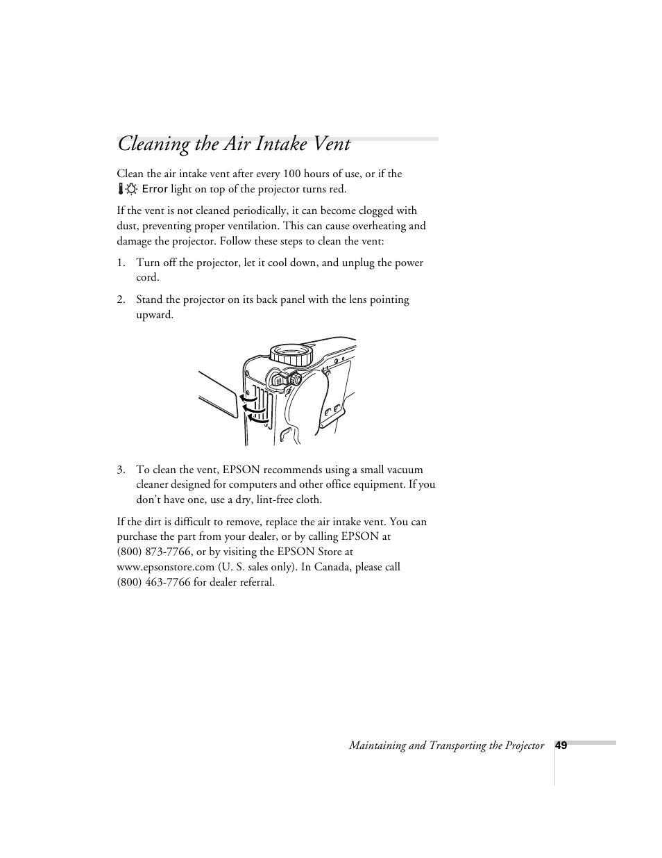 Cleaning the air intake vent | Epson 51c User Manual | Page 54 / 86