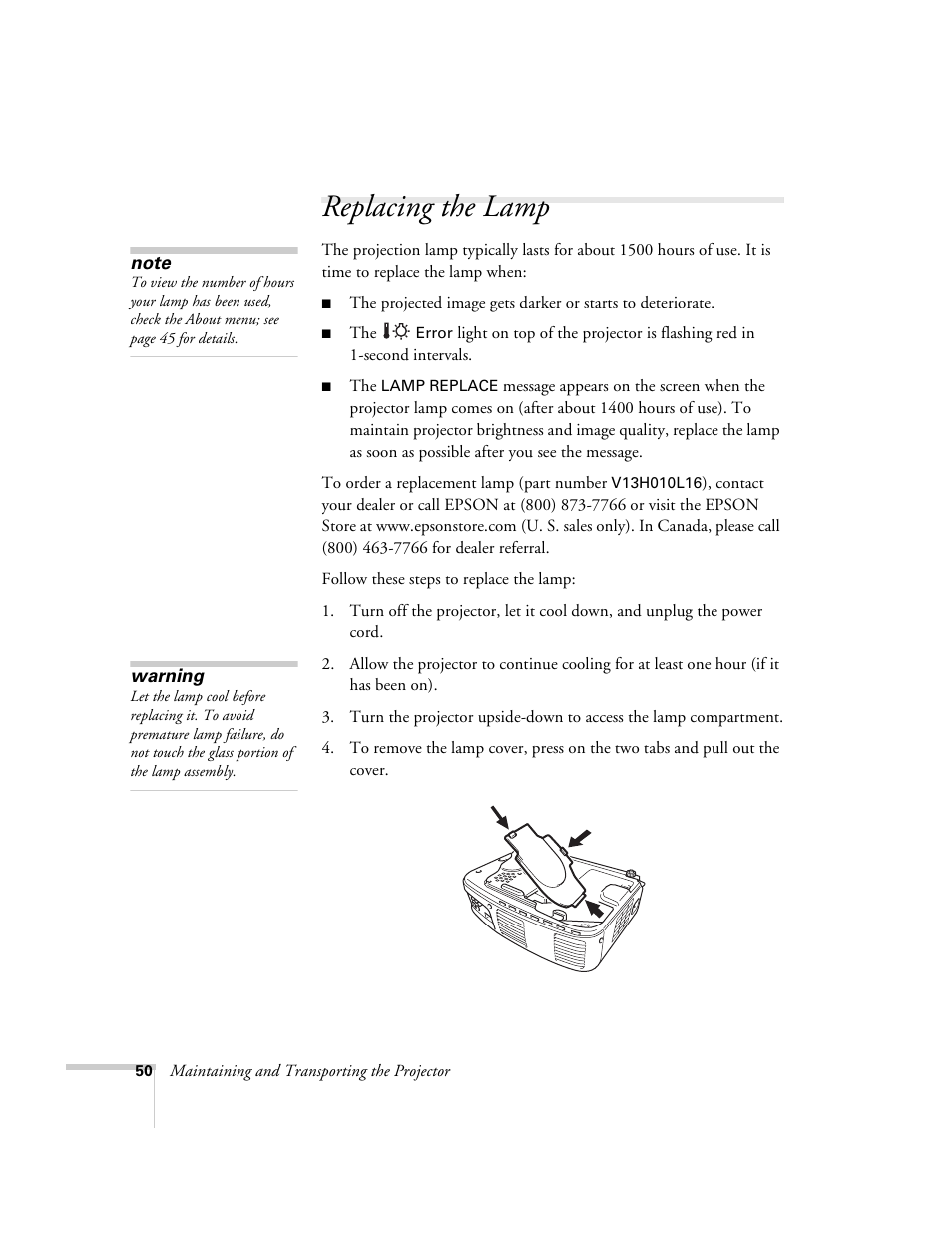 Replacing the lamp | Epson 51c User Manual | Page 55 / 86