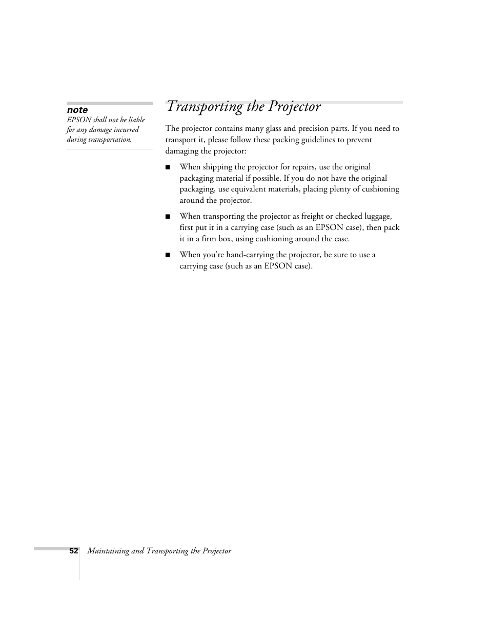 Transporting the projector | Epson 51c User Manual | Page 57 / 86