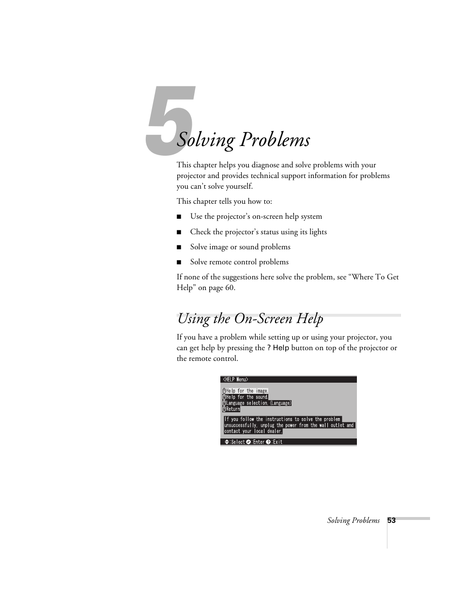 Chap 5-problems, Using the on-screen help, Solving | Problems, Solving problems | Epson 51c User Manual | Page 58 / 86