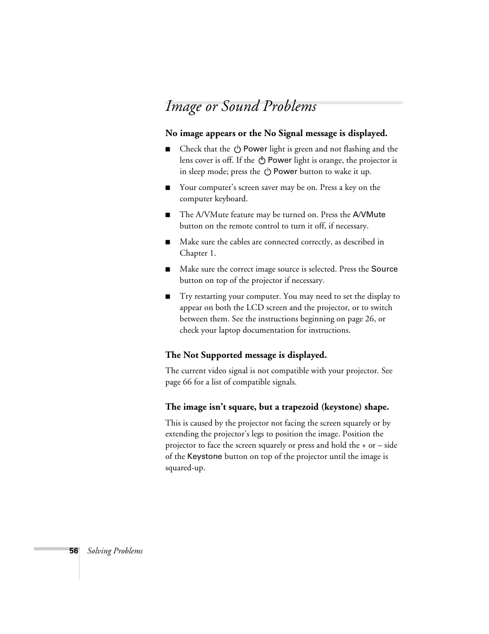 Image or sound problems | Epson 51c User Manual | Page 61 / 86