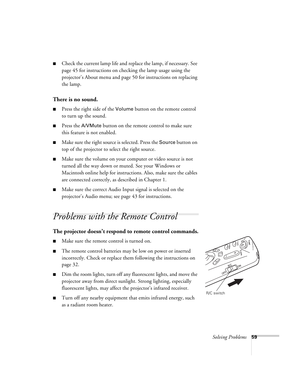 Problems with the remote control | Epson 51c User Manual | Page 64 / 86