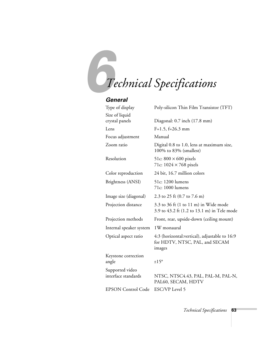 Chap 6-technical specifications, General, Technical | Specifications, Technical specifications | Epson 51c User Manual | Page 68 / 86