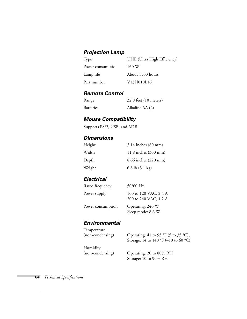 Projection lamp, Remote control, Mouse compatibility | Dimensions, Electrical, Environmental | Epson 51c User Manual | Page 69 / 86