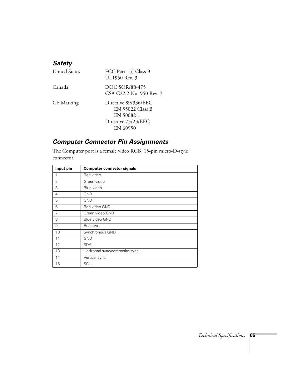 Safety, Computer connector pin assignments, Safety computer connector pin assignments | Epson 51c User Manual | Page 70 / 86