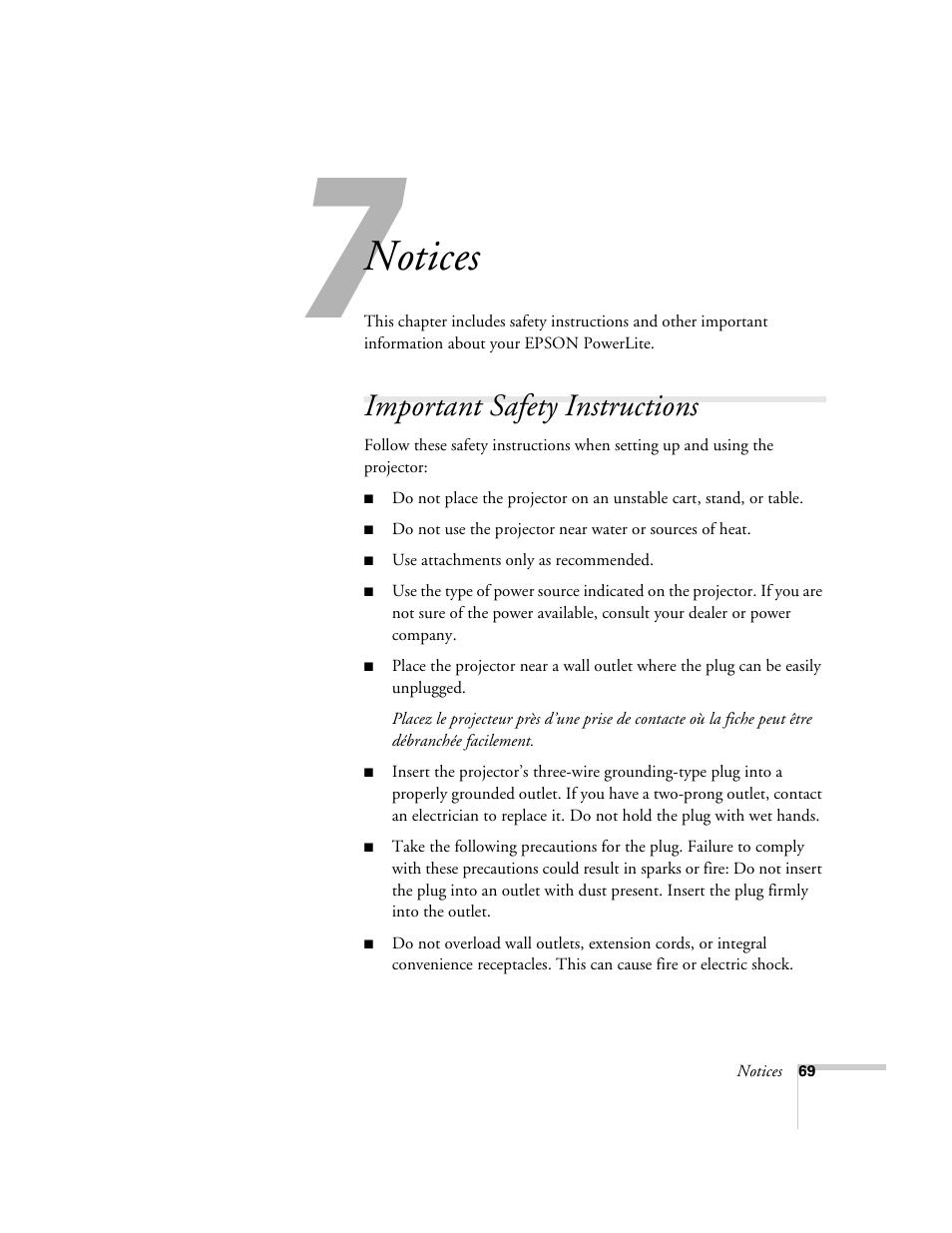 Chap 7-notices, Important safety instructions, Notices | Epson 51c User Manual | Page 74 / 86