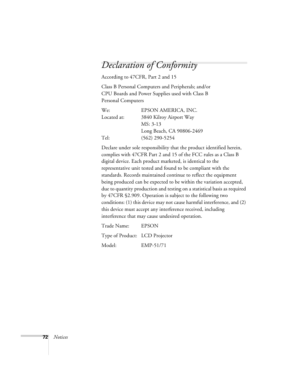 Declaration of conformity | Epson 51c User Manual | Page 77 / 86