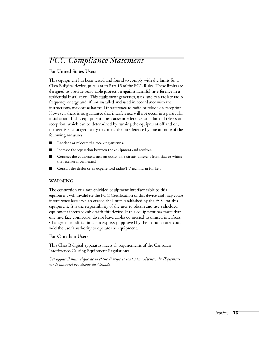 Fcc compliance statement | Epson 51c User Manual | Page 78 / 86