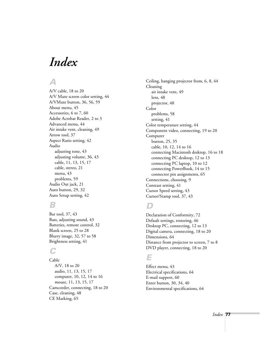 Index | Epson 51c User Manual | Page 82 / 86