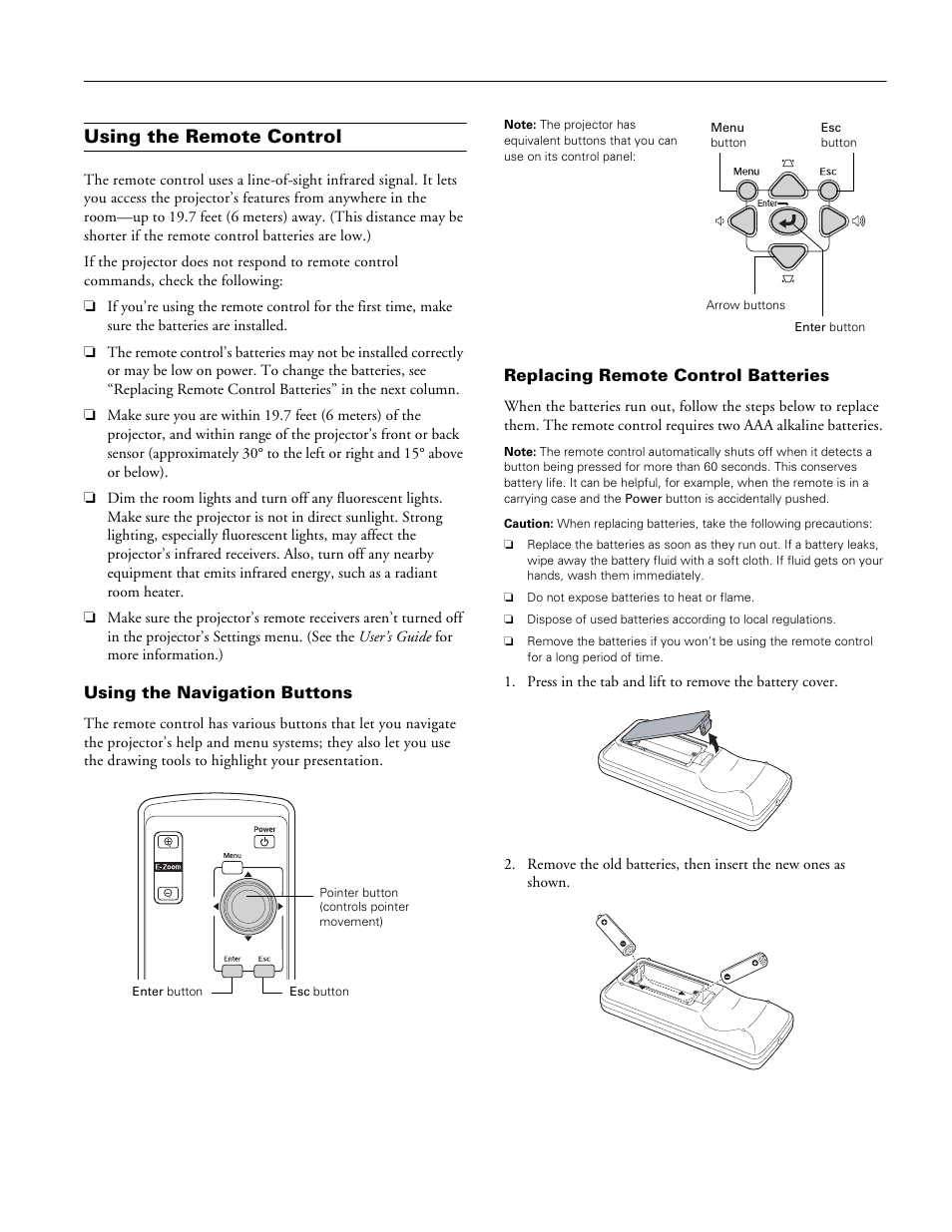 Using the remote control, Using the navigation buttons, Replacing remote control batteries | Epson powerlite 6110i | Epson 6110I User Manual | Page 11 / 16